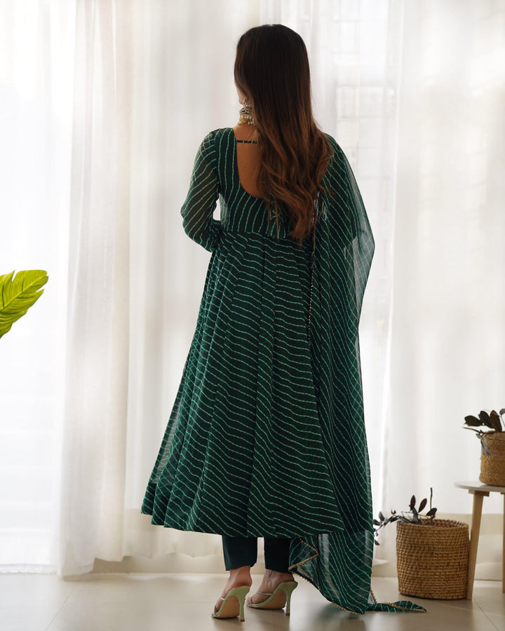 High-End Laheriya Print Anarkali Set with Dupatta & Pants β Perfect for Summer Weddings