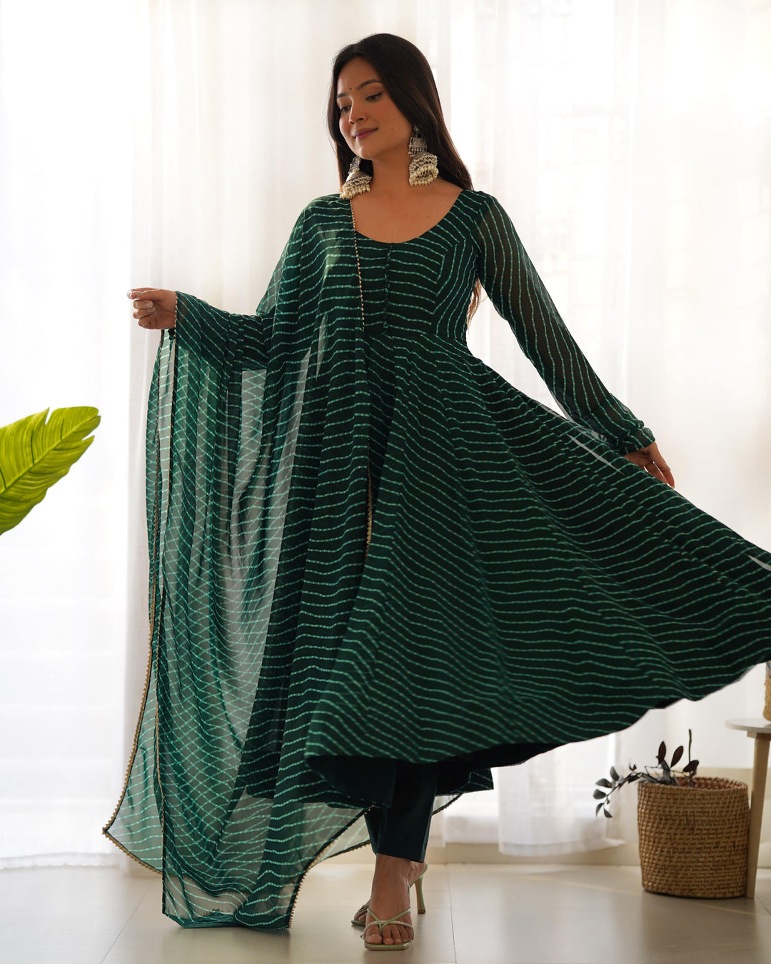 High-End Laheriya Print Anarkali Set with Dupatta & Pants β Perfect for Summer Weddings