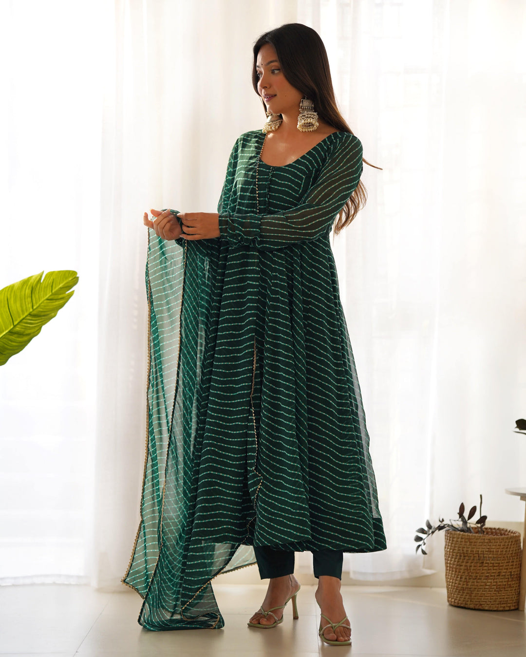 High-End Laheriya Print Anarkali Set with Dupatta & Pants β Perfect for Summer Weddings