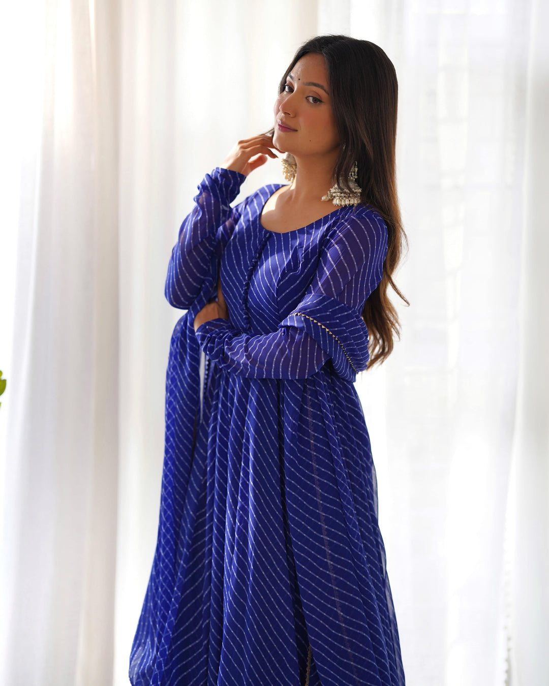 High-End Laheriya Print Anarkali Set with Dupatta & Pants β Perfect for Summer Weddings