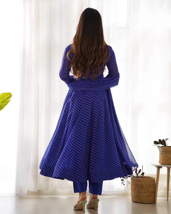 High-End Laheriya Print Anarkali Set with Dupatta & Pants β Perfect for Summer Weddings