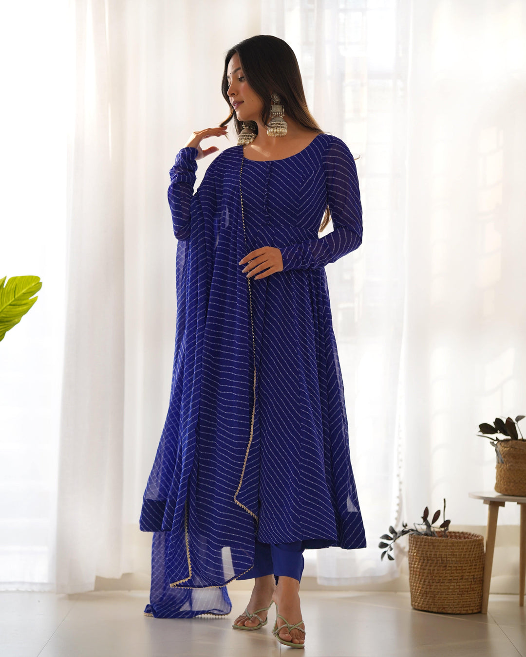 High-End Laheriya Print Anarkali Set with Dupatta & Pants β Perfect for Summer Weddings