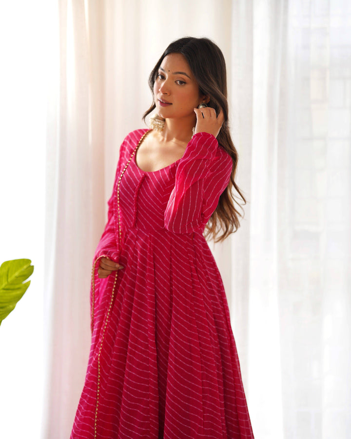 High-End Laheriya Print Anarkali Set with Dupatta & Pants β Perfect for Summer Weddings