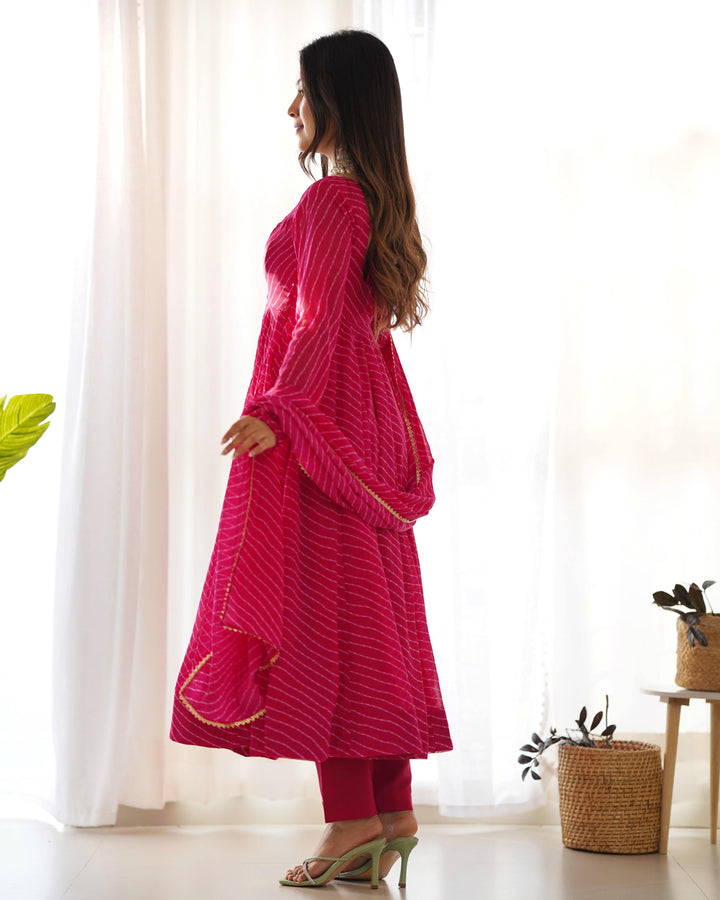 High-End Laheriya Print Anarkali Set with Dupatta & Pants β Perfect for Summer Weddings