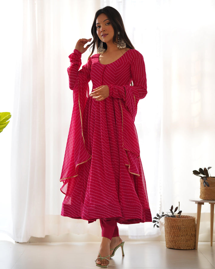 High-End Laheriya Print Anarkali Set with Dupatta & Pants β Perfect for Summer Weddings