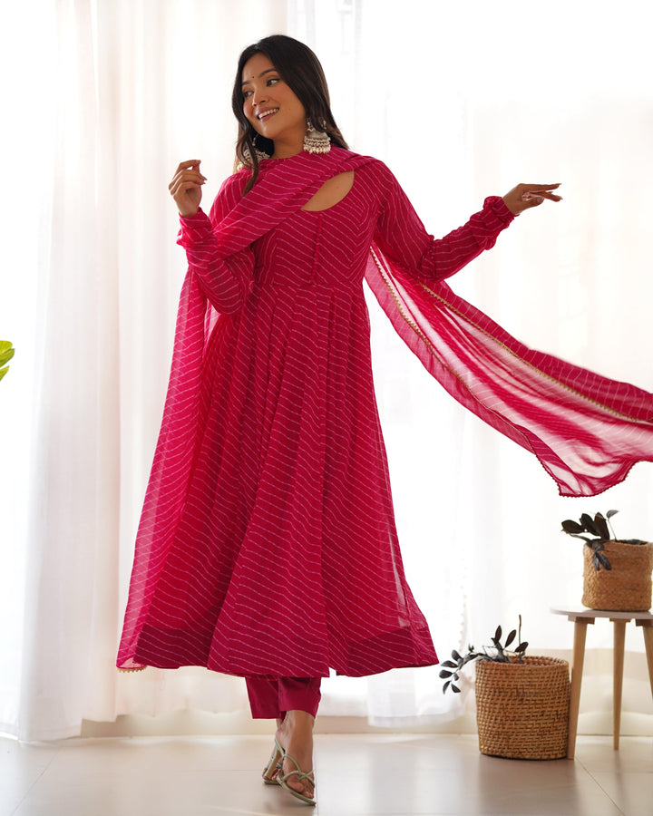 High-End Laheriya Print Anarkali Set with Dupatta & Pants β Perfect for Summer Weddings