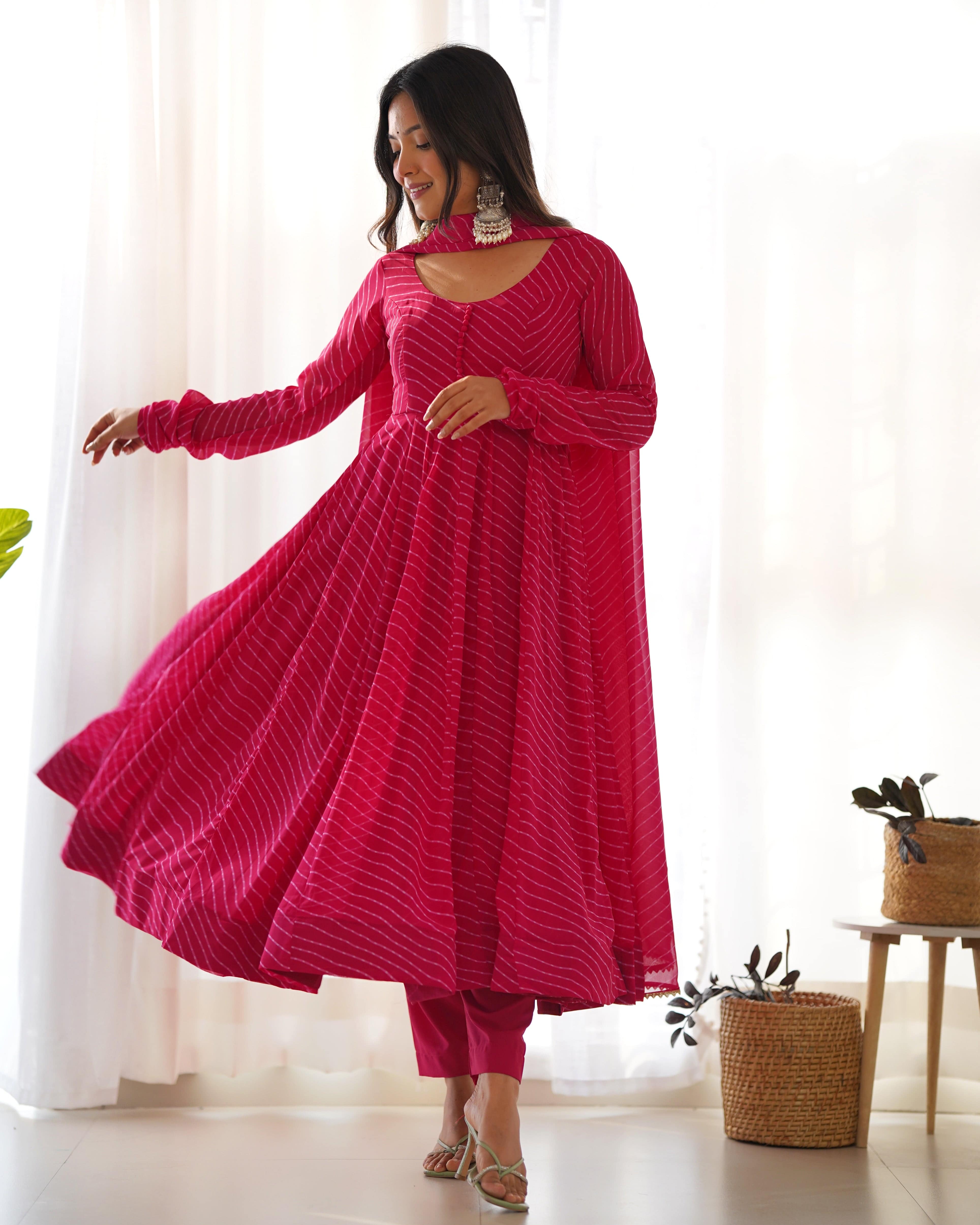 High-End Laheriya Print Anarkali Set with Dupatta & Pants β Perfect for Summer Weddings