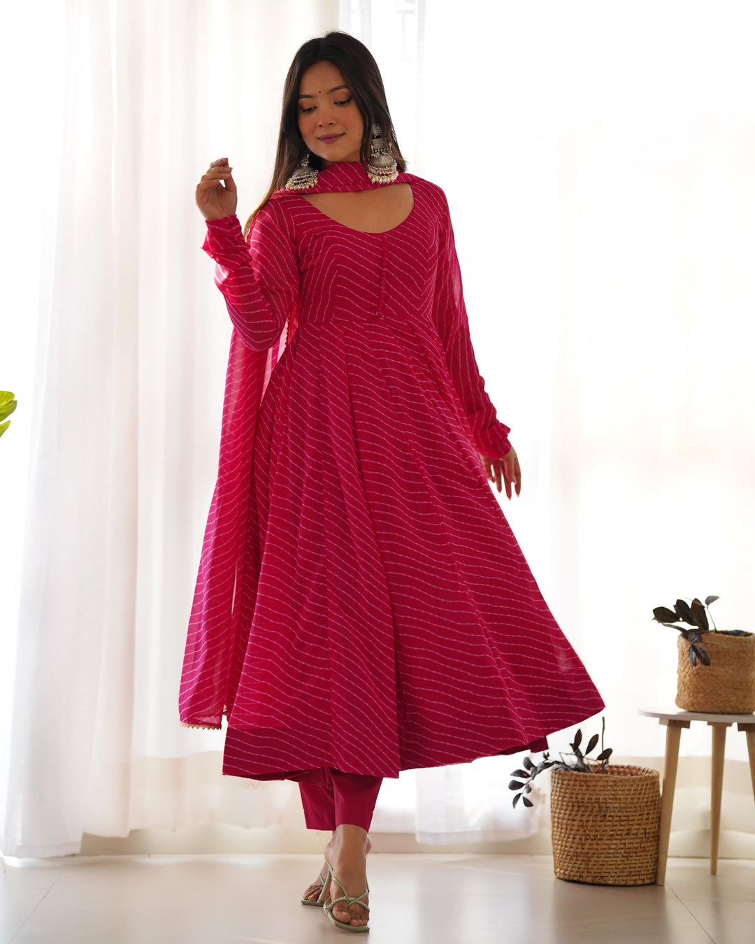 High-End Laheriya Print Anarkali Set with Dupatta & Pants β Perfect for Summer Weddings