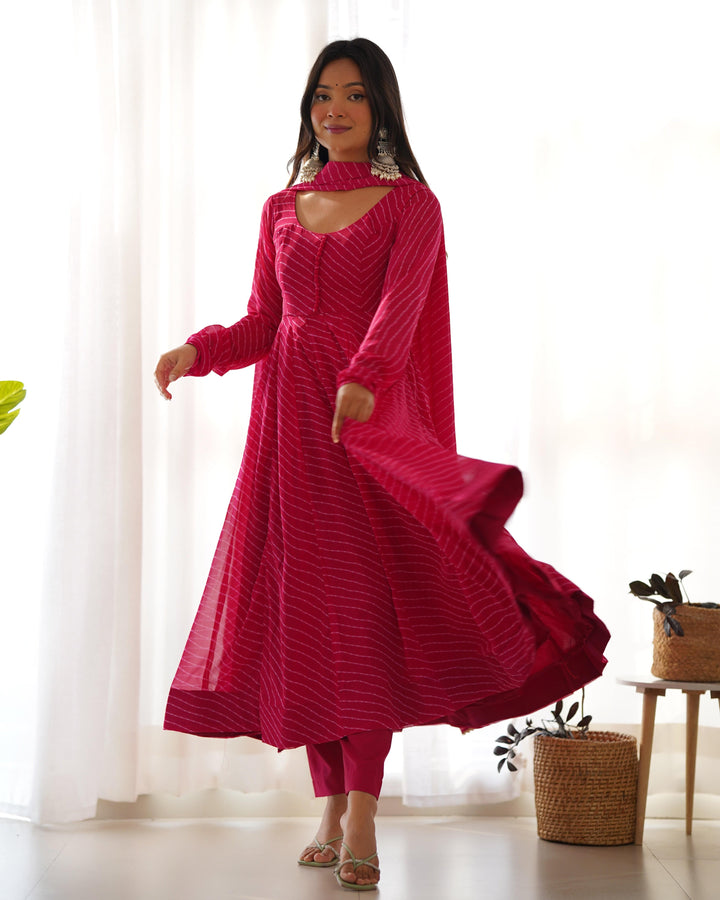 High-End Laheriya Print Anarkali Set with Dupatta & Pants β Perfect for Summer Weddings