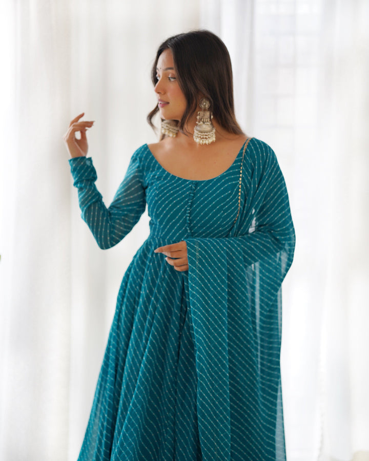 High-End Laheriya Print Anarkali Set with Dupatta & Pants β Perfect for Summer Weddings