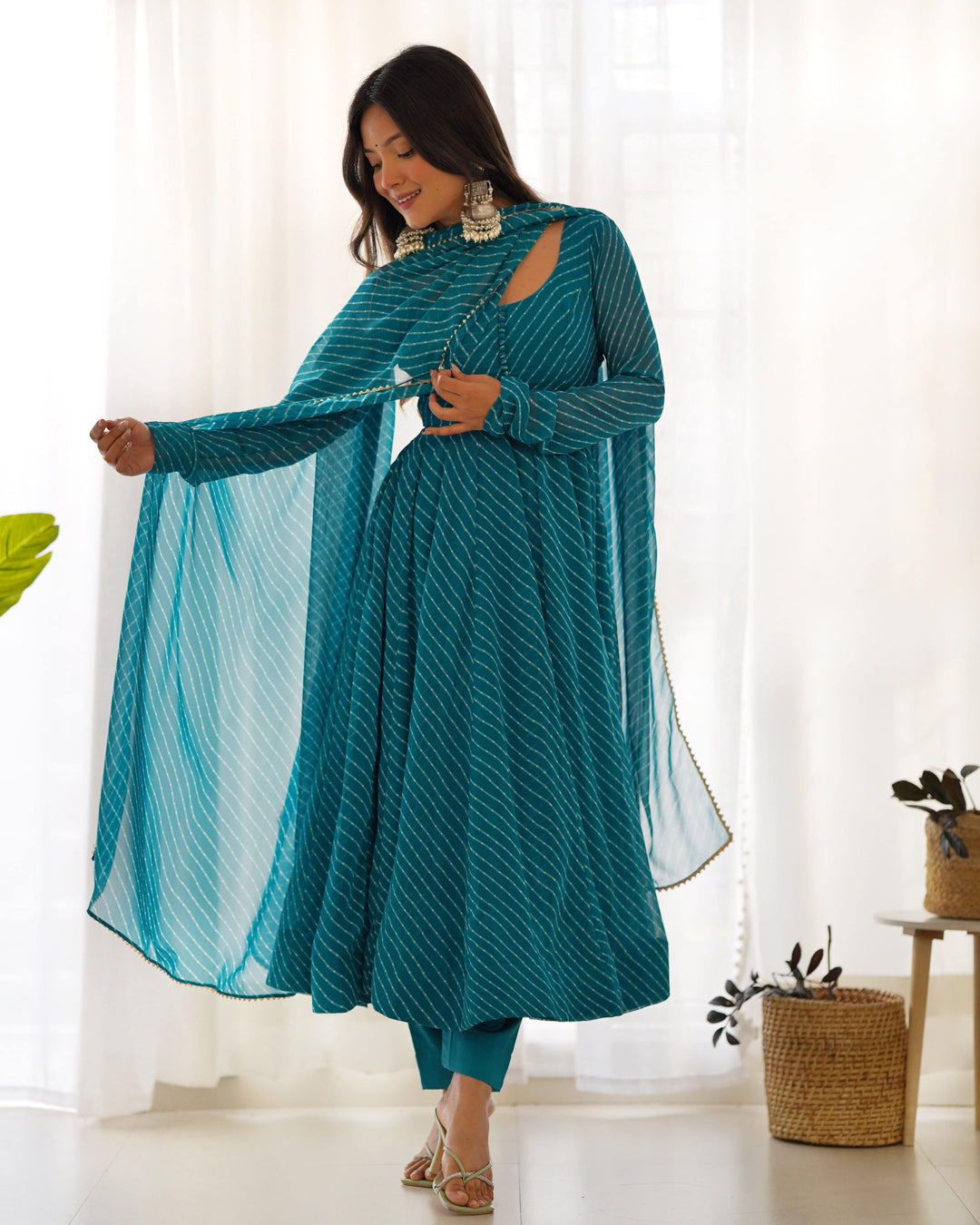 High-End Laheriya Print Anarkali Set with Dupatta & Pants β Perfect for Summer Weddings