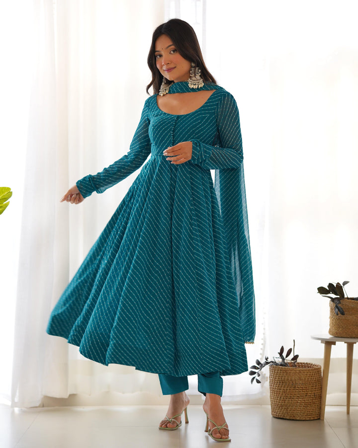High-End Laheriya Print Anarkali Set with Dupatta & Pants β Perfect for Summer Weddings