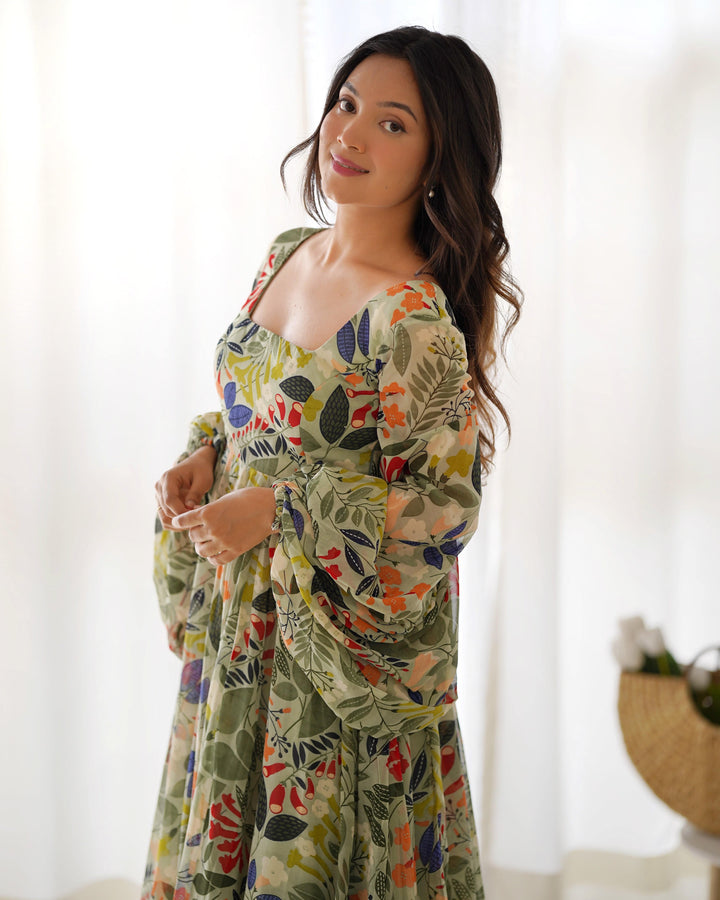 Vibrant Floral Maxi Dress: Pure Soft Fox Georgette, Fully Flared with Balloon Sleeves β Perfect for Summer Festivities and Weddings!