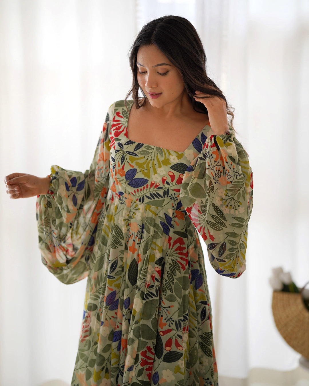 Vibrant Floral Maxi Dress: Pure Soft Fox Georgette, Fully Flared with Balloon Sleeves β Perfect for Summer Festivities and Weddings!
