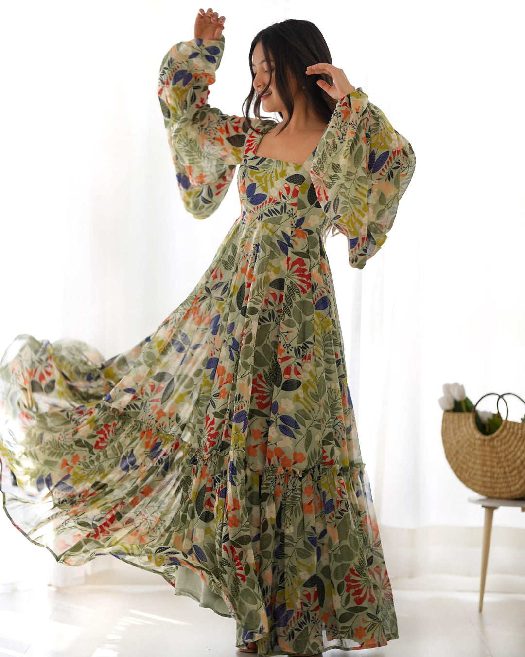 Vibrant Floral Maxi Dress: Pure Soft Fox Georgette, Fully Flared with Balloon Sleeves β Perfect for Summer Festivities and Weddings!