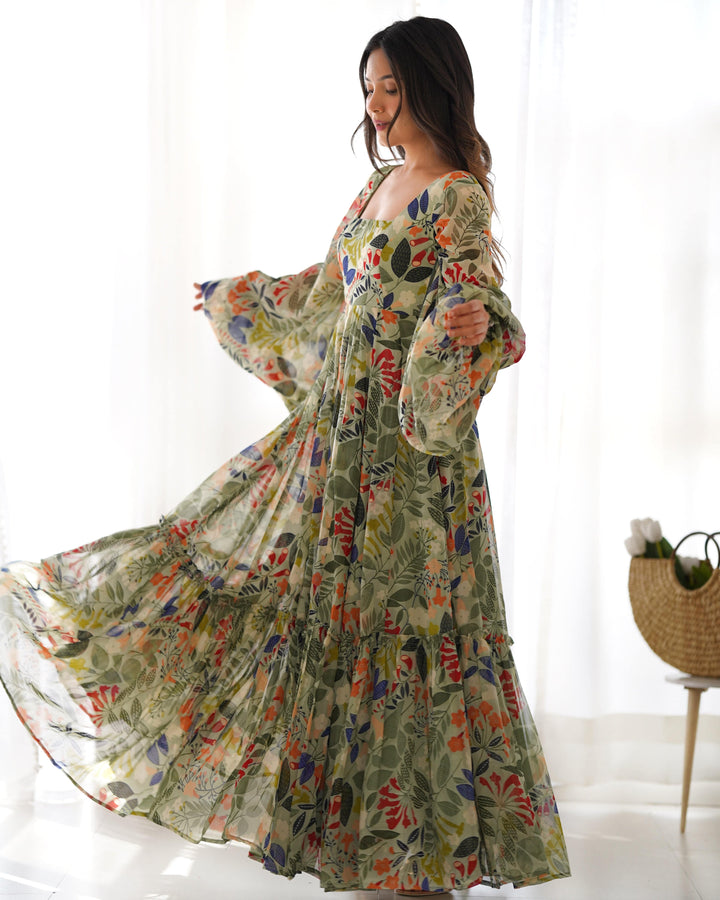 Vibrant Floral Maxi Dress: Pure Soft Fox Georgette, Fully Flared with Balloon Sleeves β Perfect for Summer Festivities and Weddings!