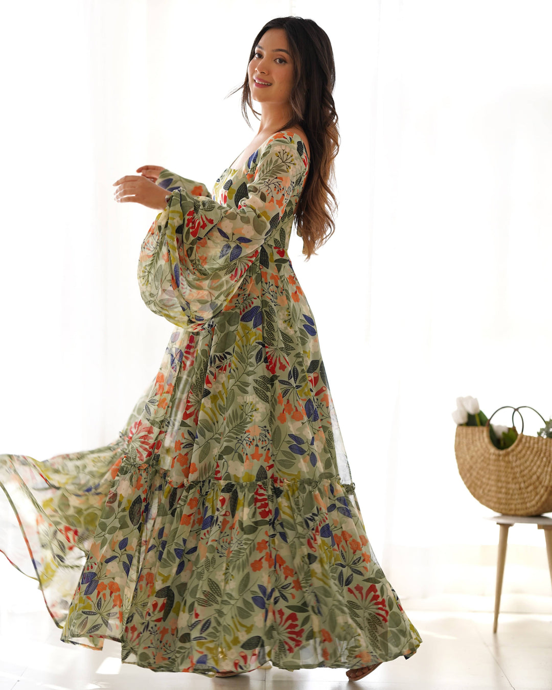 Vibrant Floral Maxi Dress: Pure Soft Fox Georgette, Fully Flared with Balloon Sleeves β Perfect for Summer Festivities and Weddings!