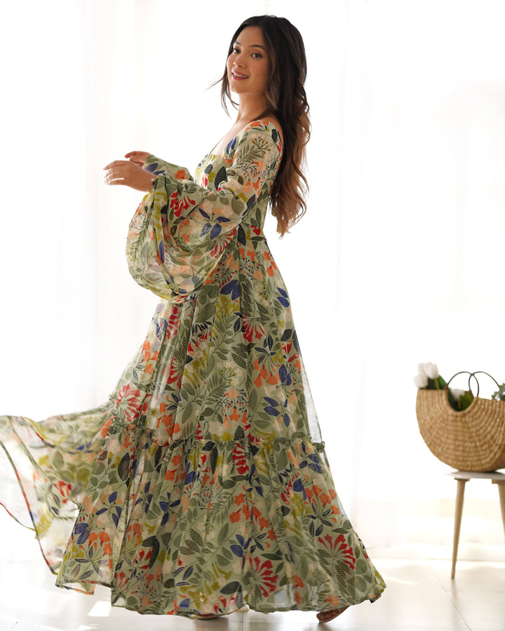 Vibrant Floral Maxi Dress: Pure Soft Fox Georgette, Fully Flared with Balloon Sleeves β Perfect for Summer Festivities and Weddings!