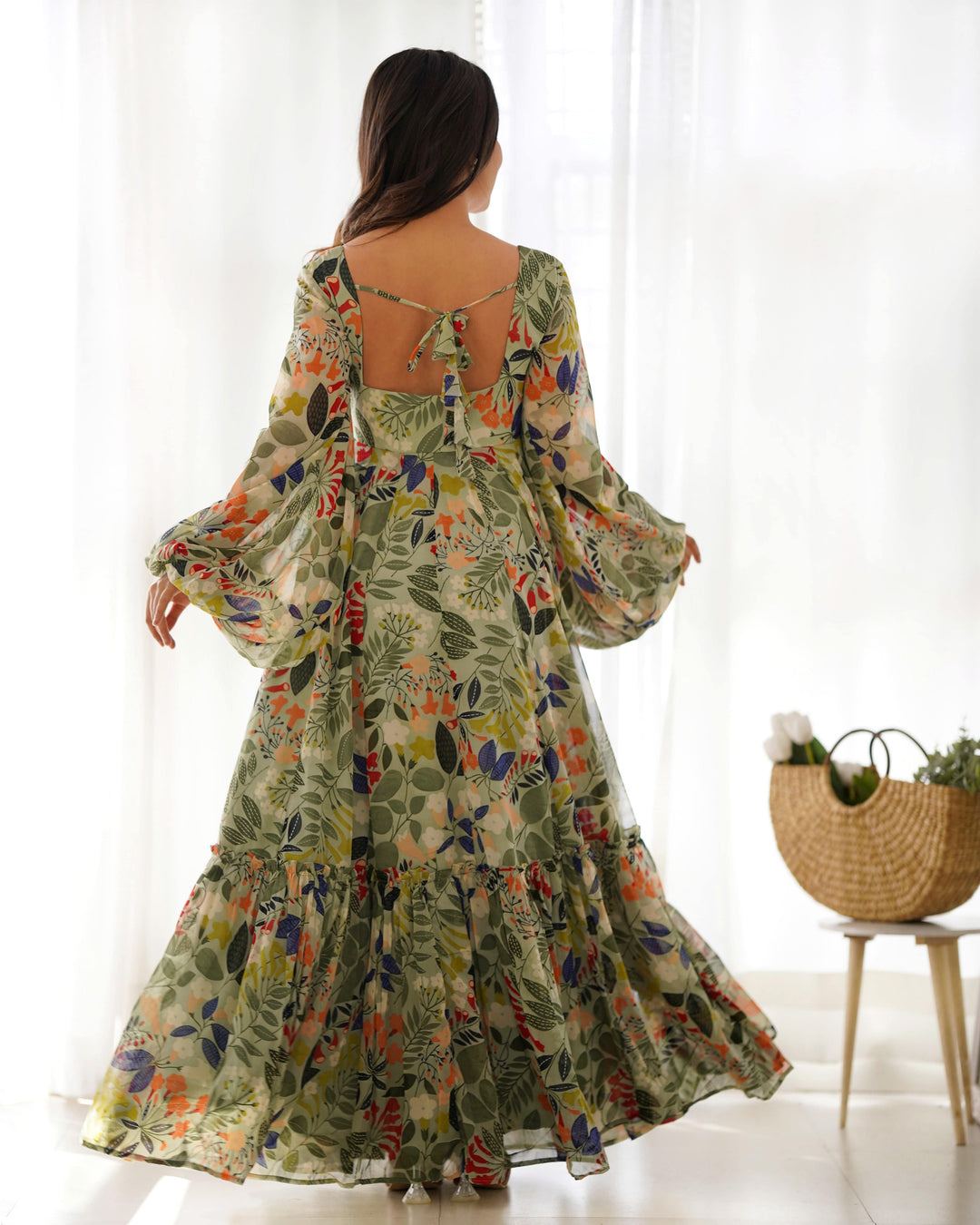 Vibrant Floral Maxi Dress: Pure Soft Fox Georgette, Fully Flared with Balloon Sleeves β Perfect for Summer Festivities and Weddings!