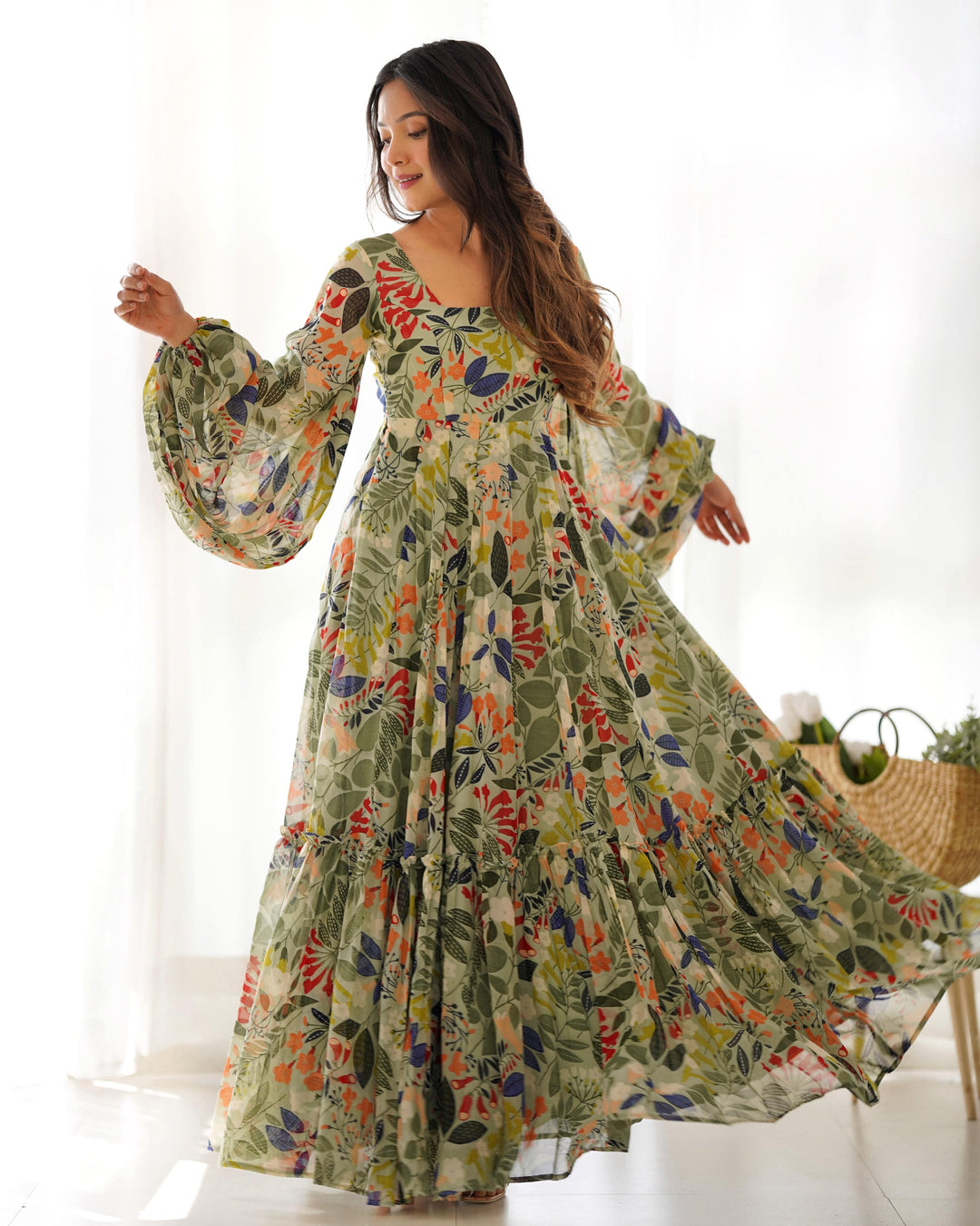 Vibrant Floral Maxi Dress: Pure Soft Fox Georgette, Fully Flared with Balloon Sleeves β Perfect for Summer Festivities and Weddings!