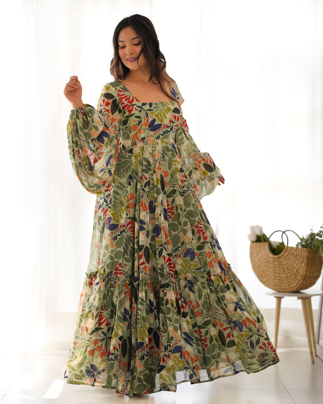 Vibrant Floral Maxi Dress: Pure Soft Fox Georgette, Fully Flared with Balloon Sleeves β Perfect for Summer Festivities and Weddings!