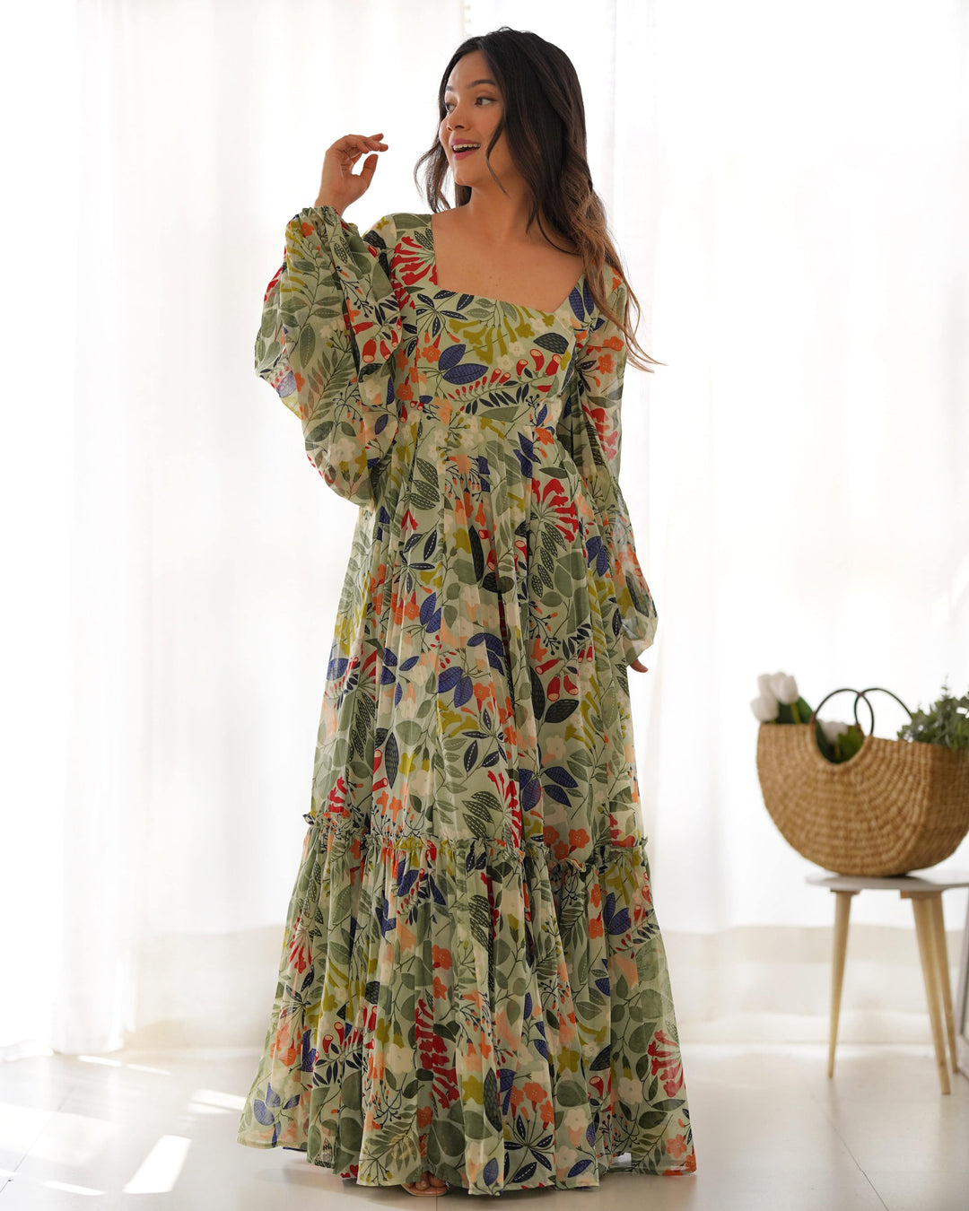 Vibrant Floral Maxi Dress: Pure Soft Fox Georgette, Fully Flared with Balloon Sleeves β Perfect for Summer Festivities and Weddings!