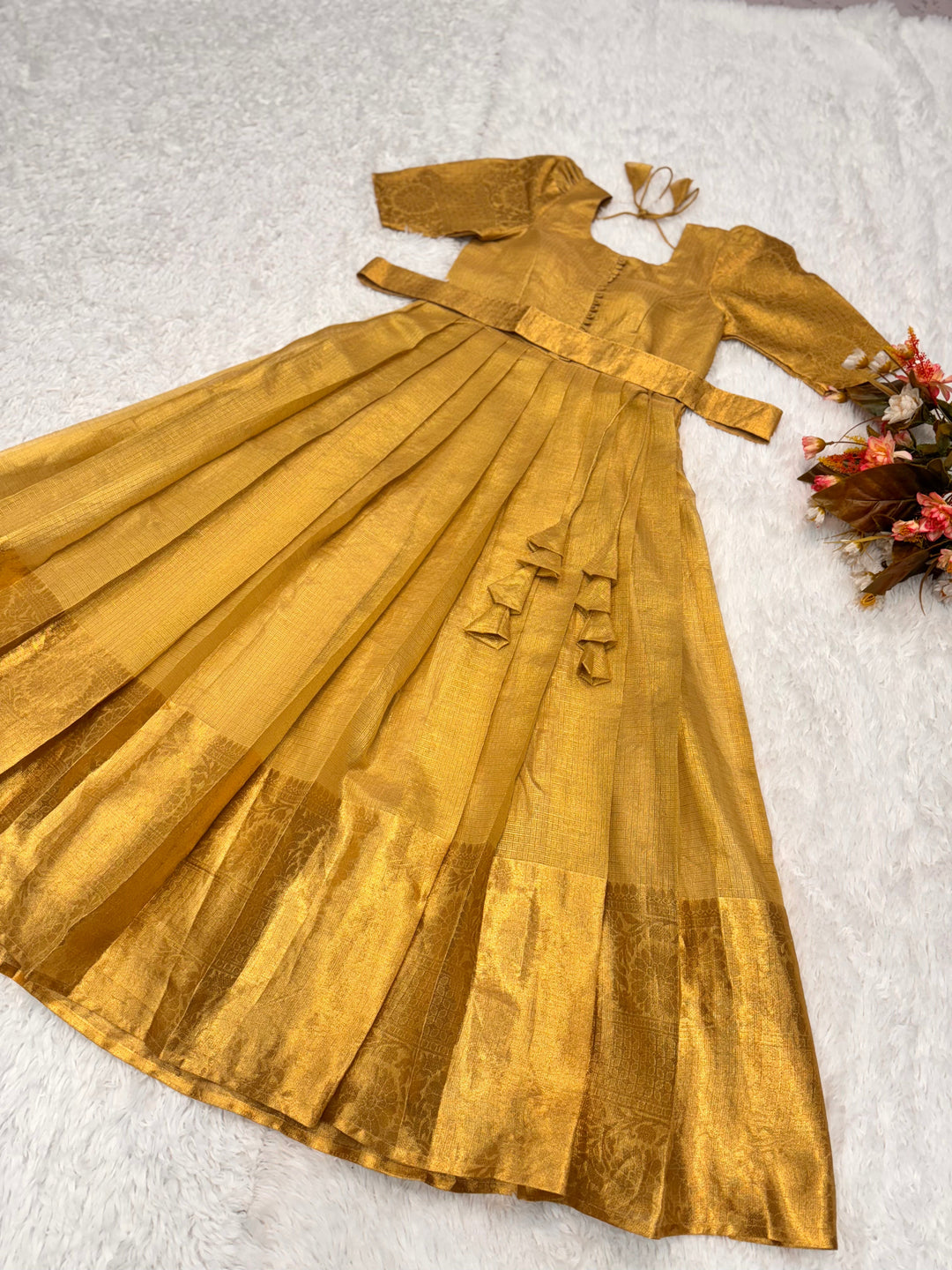 Golden Tissue Silk Gown for Women - Elegant Full-Length Party Wear Dress