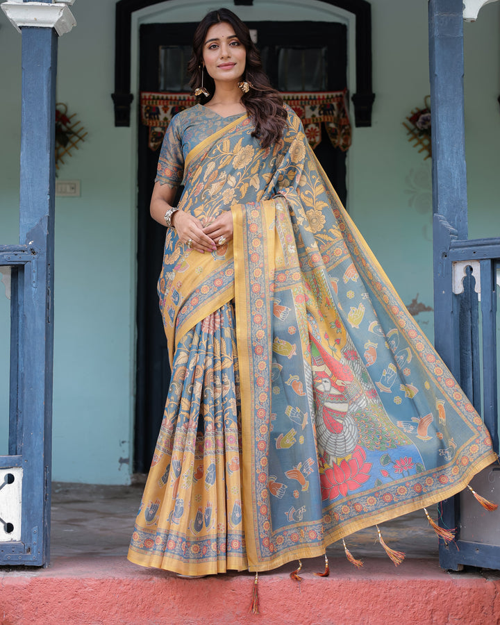 Mustard Blue Handloom Cotton Saree with Mudra Motifs & Goddess Saraswati Pallu