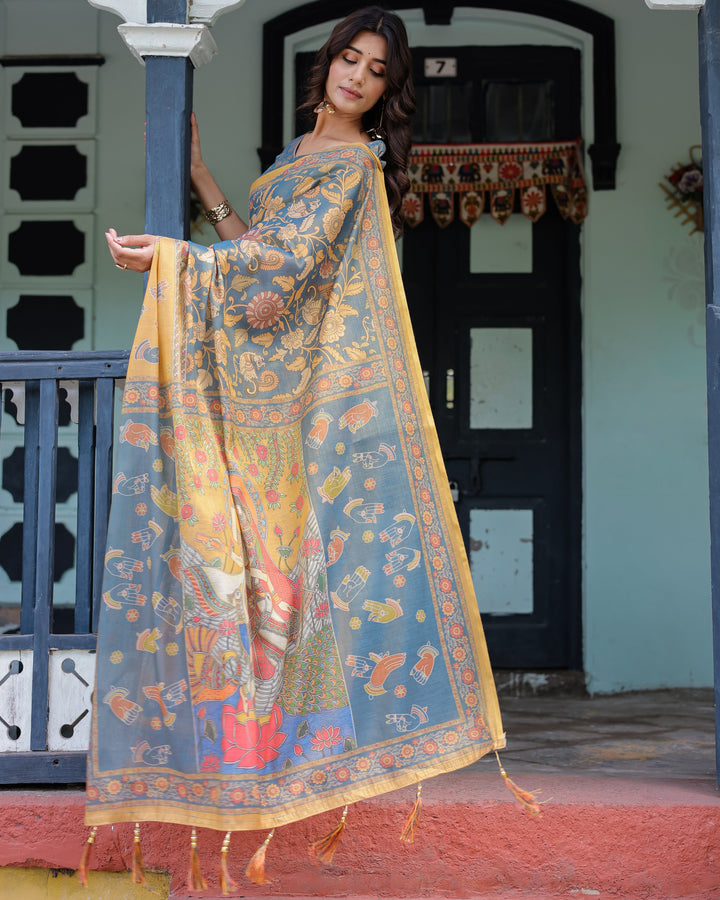 Mustard Blue Handloom Cotton Saree with Mudra Motifs & Goddess Saraswati Pallu