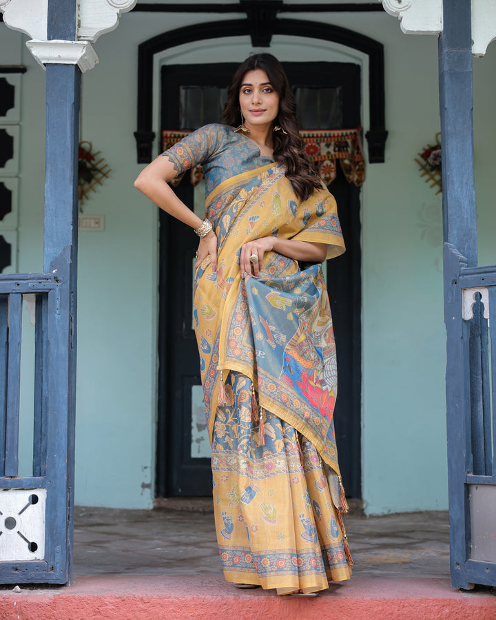 Mustard Blue Handloom Cotton Saree with Mudra Motifs & Goddess Saraswati Pallu