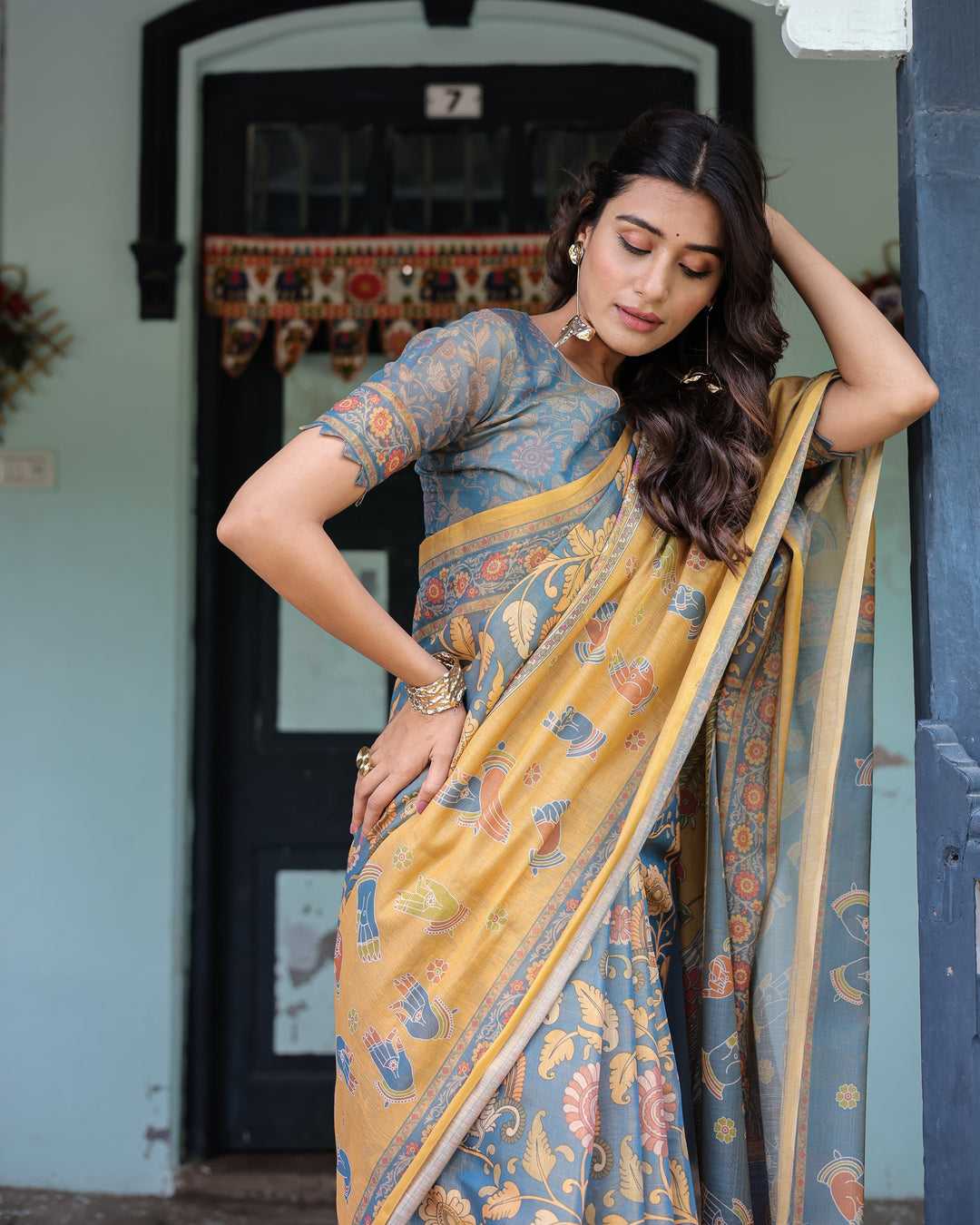 Mustard Blue Handloom Cotton Saree with Mudra Motifs & Goddess Saraswati Pallu