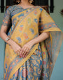 Mustard Blue Handloom Cotton Saree with Mudra Motifs & Goddess Saraswati Pallu