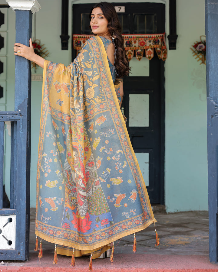 Mustard Blue Handloom Cotton Saree with Mudra Motifs & Goddess Saraswati Pallu