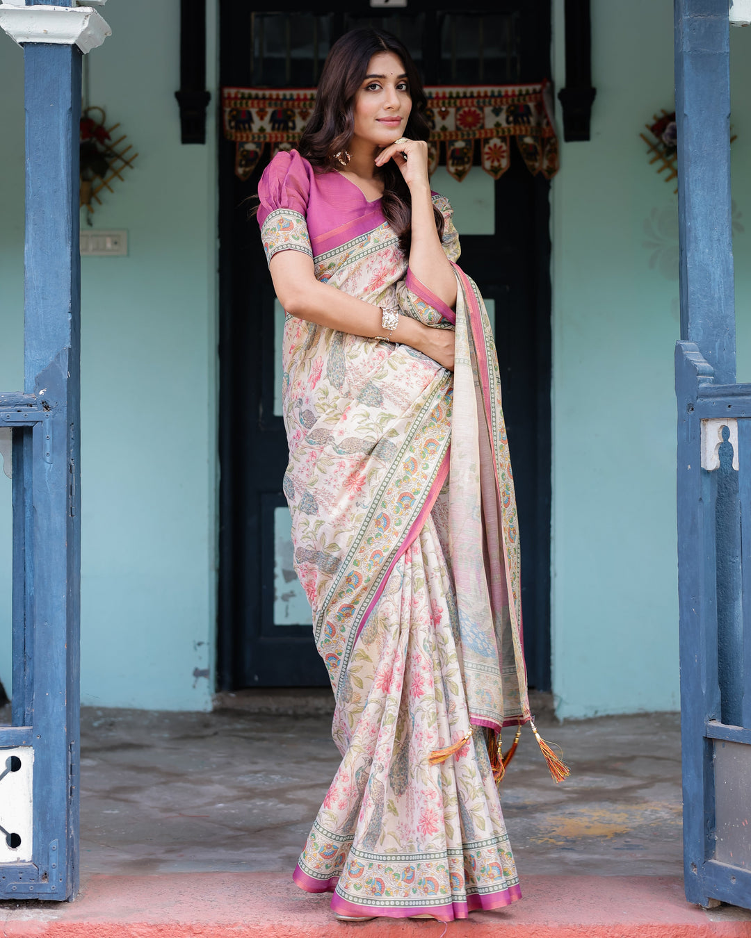 Lavender Beige Handloom Cotton Saree with Floral Vine Print & Majestic Peacock Pallu