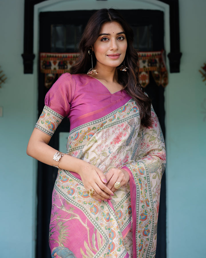 Lavender Beige Handloom Cotton Saree with Floral Vine Print & Majestic Peacock Pallu