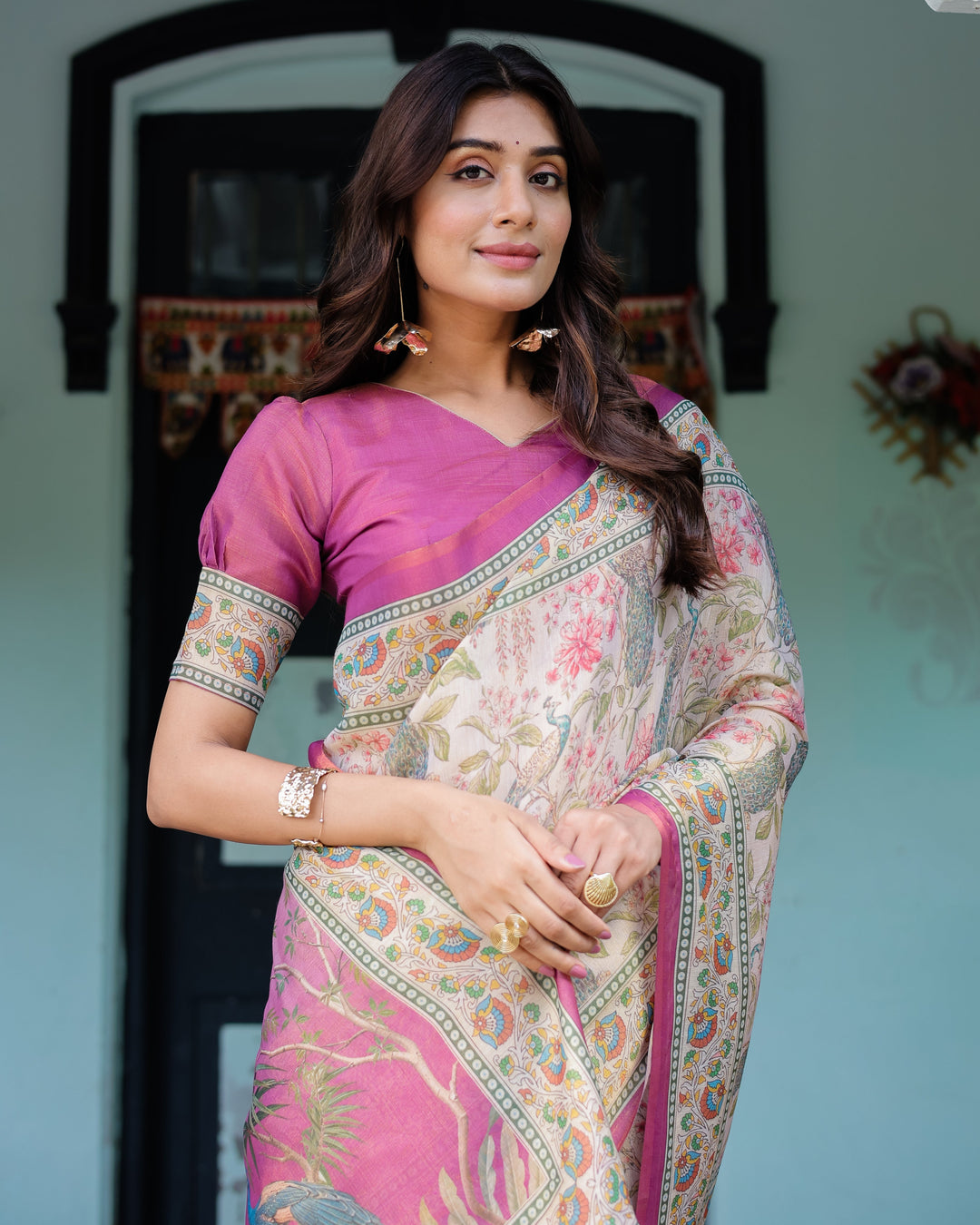 Lavender Beige Handloom Cotton Saree with Floral Vine Print & Majestic Peacock Pallu