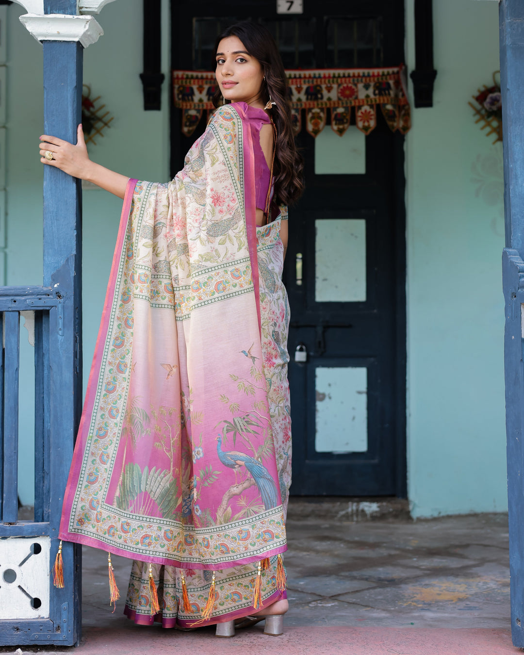 Lavender Beige Handloom Cotton Saree with Floral Vine Print & Majestic Peacock Pallu