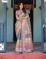 Green Lavender Handloom Cotton Saree with Floral Vines & Heritage Village Pallu