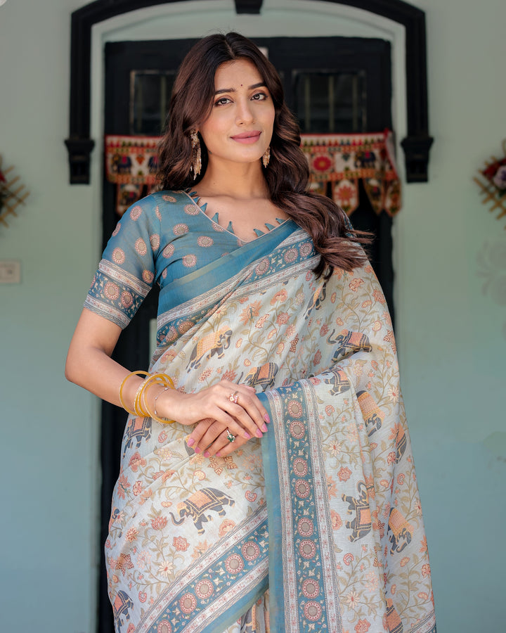 Icy Blue Handloom Cotton Saree with Peach Elephant Motifs & Royal Procession Pallu