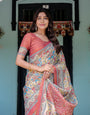 Rust Beige Handloom Cotton Saree with Vibrant Elephant Parade Print & Red Floral Pallu