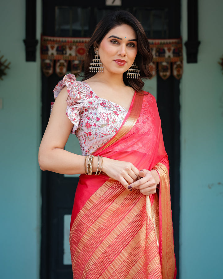 Vibrant Coral Pink Plain Chiffon Saree with Gold Zari Border Floral Ruffled Blouse & Tassel Detailing CHIFFON H 128-132