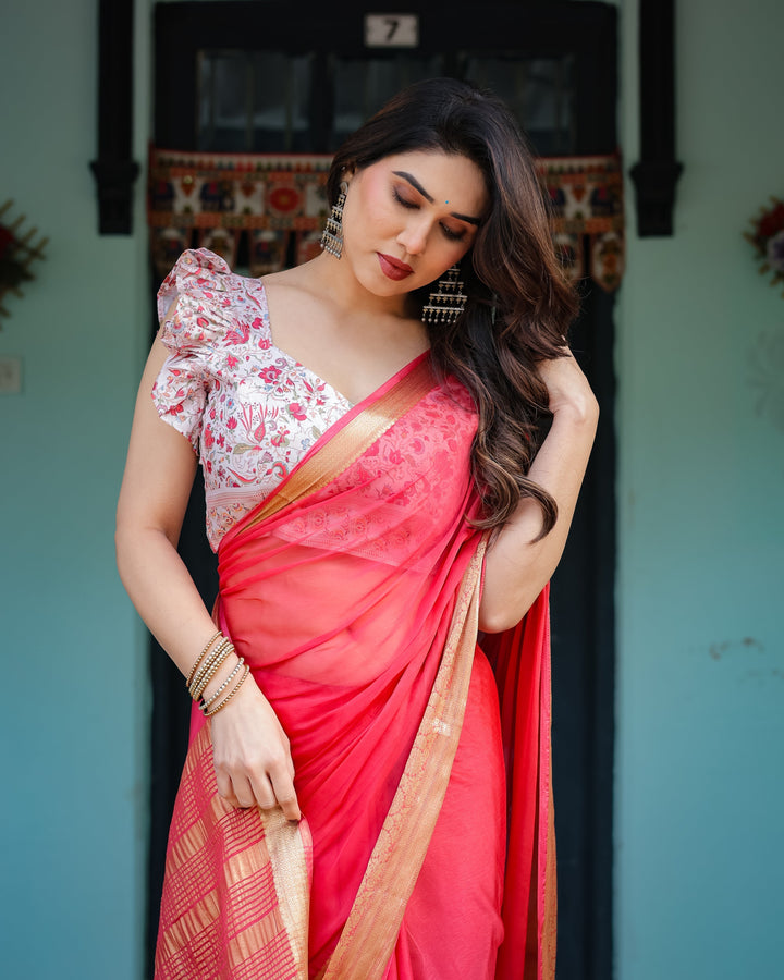 Vibrant Coral Pink Plain Chiffon Saree with Gold Zari Border Floral Ruffled Blouse & Tassel Detailing CHIFFON H 128-132
