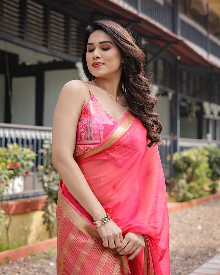 Flamingo Pink Plain Chiffon Saree with Gold Zari Border Patterned Blouse & Tassel Detailing CHIFFON H 133-137