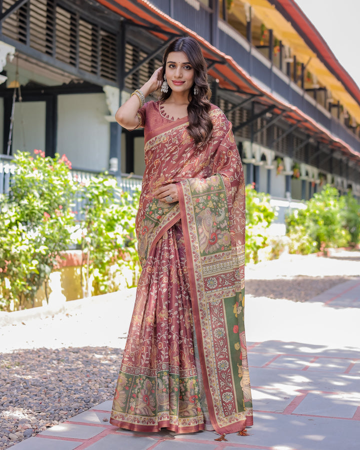 Maroon Handloom Cotton Saree with Intricate Peacock & Floral Art – Contrast Green Pallu