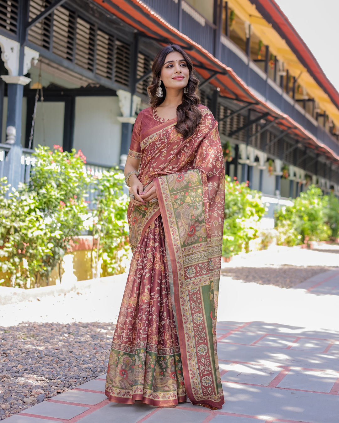 Maroon Handloom Cotton Saree with Intricate Peacock & Floral Art – Contrast Green Pallu