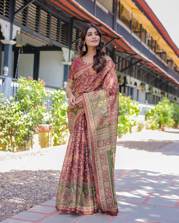 Maroon Handloom Cotton Saree with Intricate Peacock & Floral Art – Contrast Green Pallu