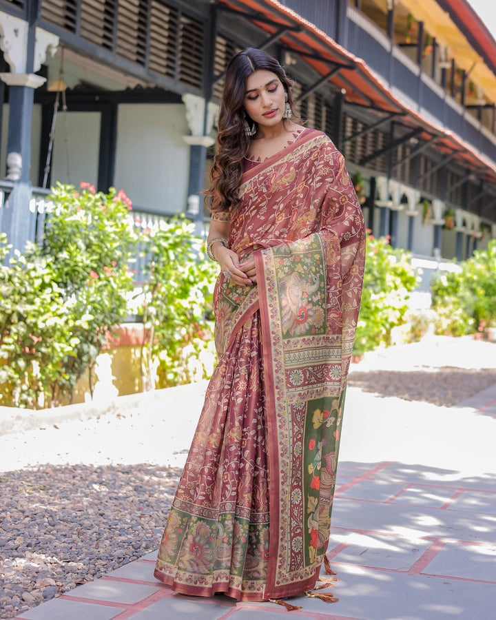 Maroon Handloom Cotton Saree with Intricate Peacock & Floral Art – Contrast Green Pallu