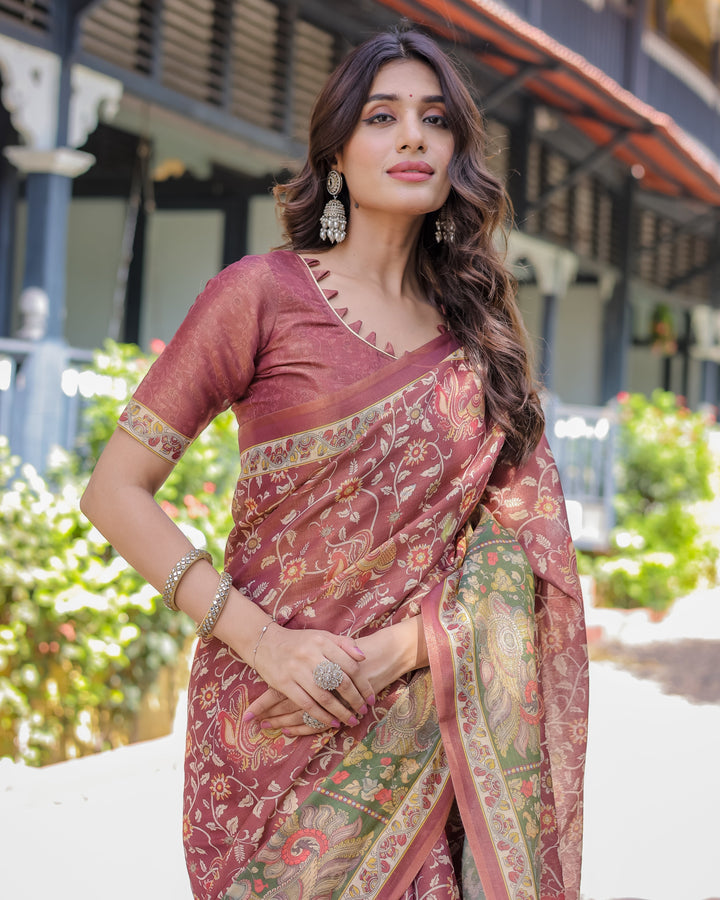 Maroon Handloom Cotton Saree with Intricate Peacock & Floral Art – Contrast Green Pallu