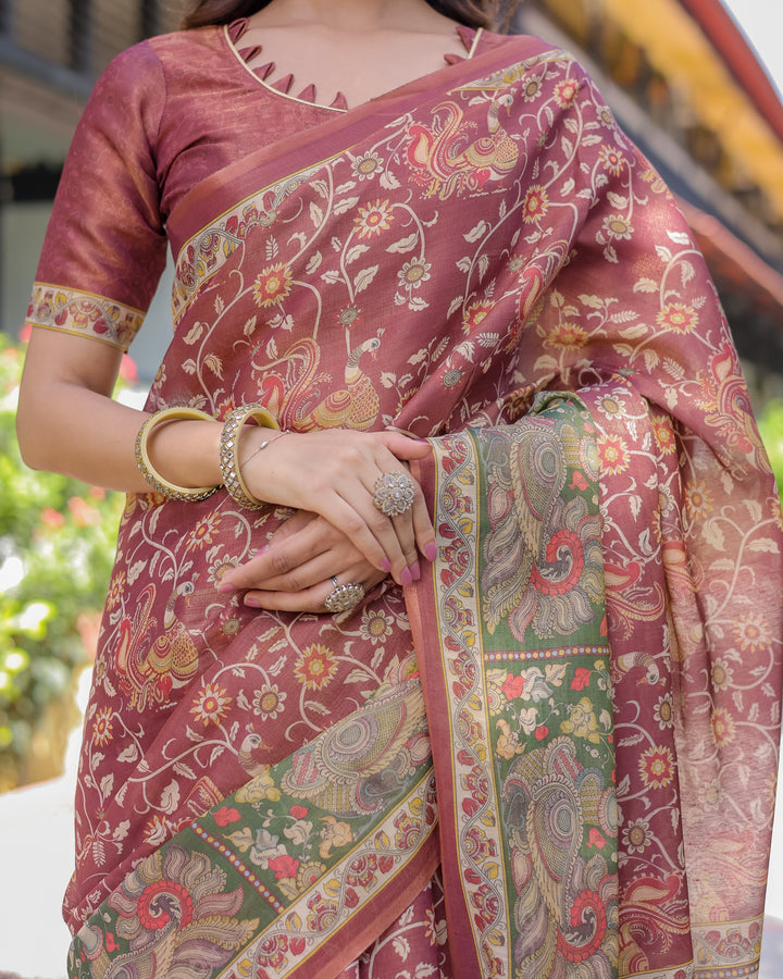 Maroon Handloom Cotton Saree with Intricate Peacock & Floral Art – Contrast Green Pallu