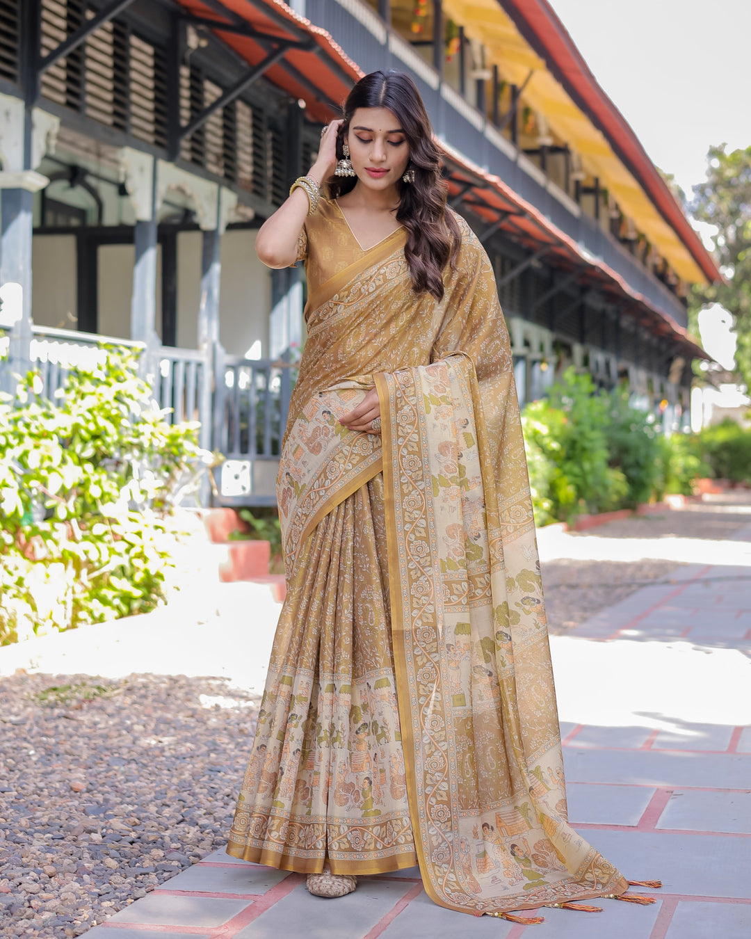 Mustard Brown Pure Handloom Cotton Saree with Village Life Digital Print & Contrast Pallu